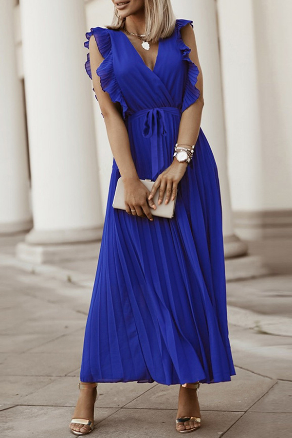 Fashion Elegant Solid Flounce Strap Design V Neck Pleated Dresses