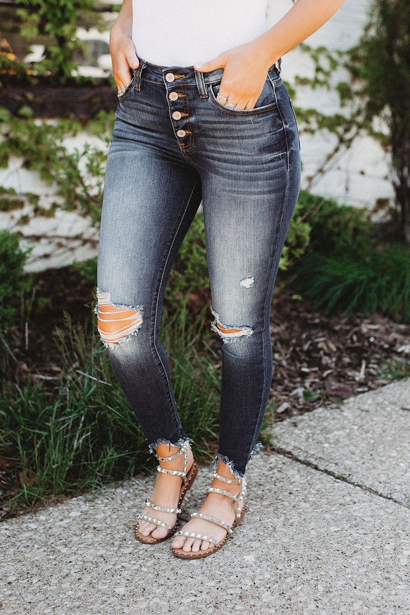 Casual Patchwork Ripped Buckle Mid Waist Skinny Denim Jeans