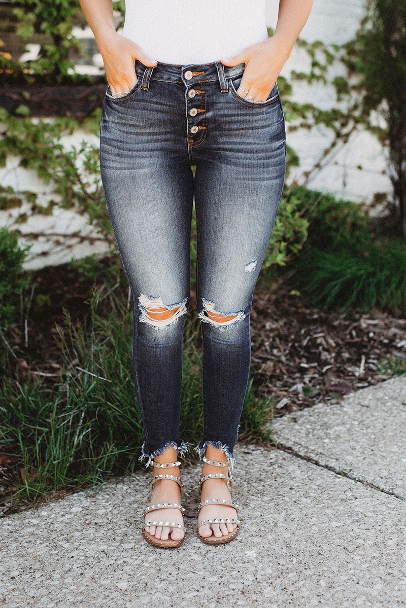 Casual Patchwork Ripped Buckle Mid Waist Skinny Denim Jeans