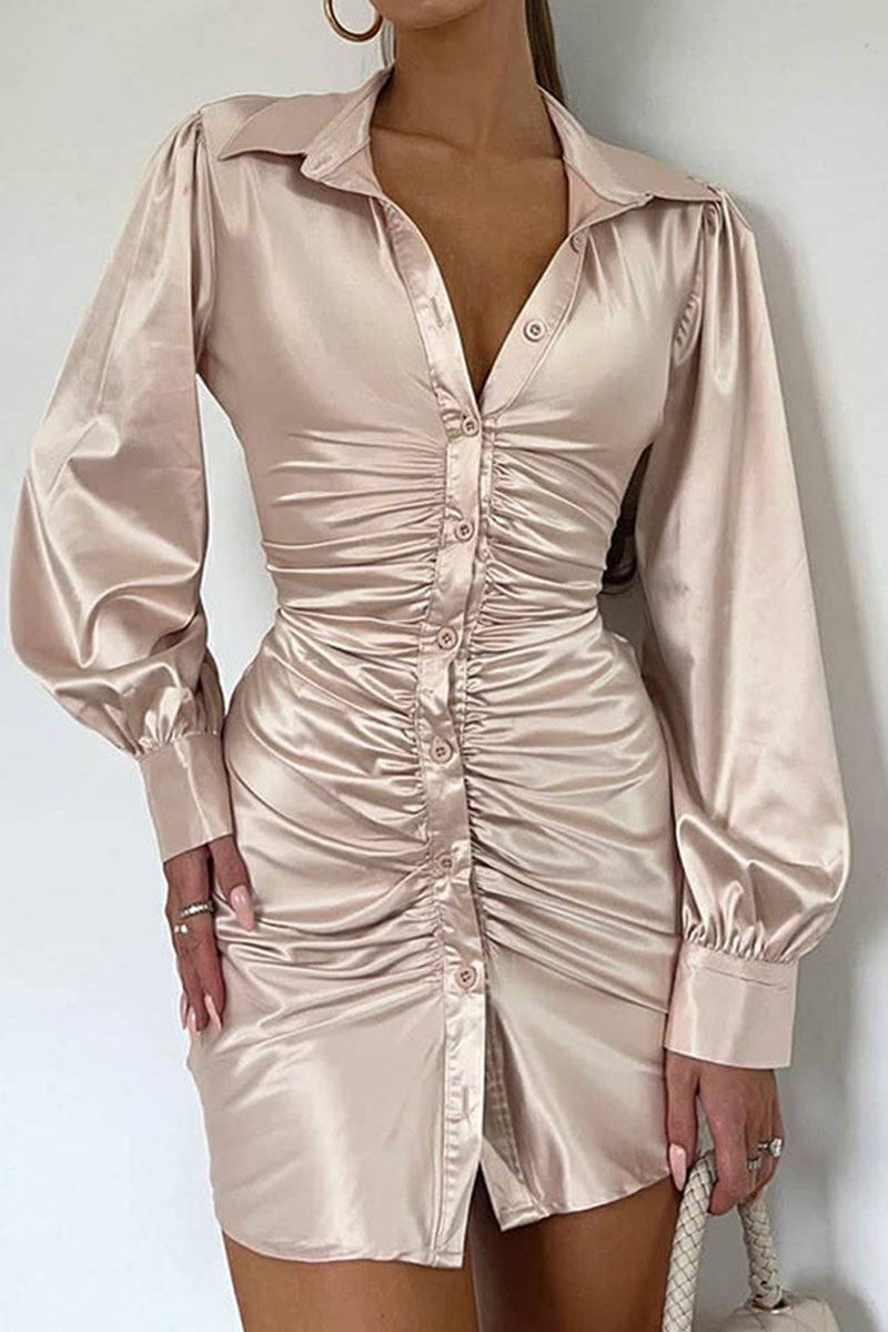 Sexy Solid Bandage Patchwork Buckle Backless Fold Turndown Collar Shirt Dress Dresses