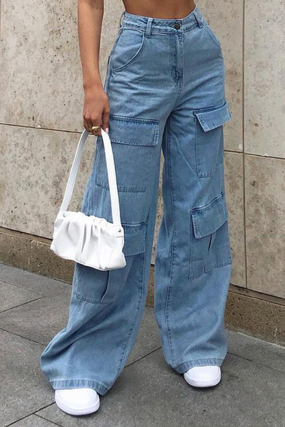 Casual Solid Mid Waist Loose Denim Jeans