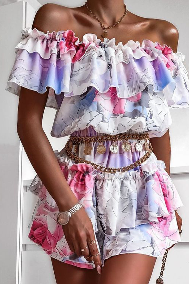Vacation Print Flounce Off the Shoulder Cake Skirt Dresses