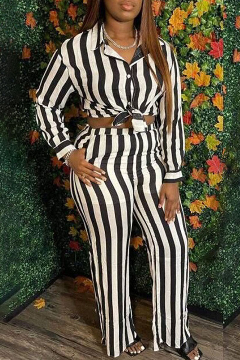 Casual Striped Print Split Joint Buckle Turndown Collar Long Sleeve Two Pieces