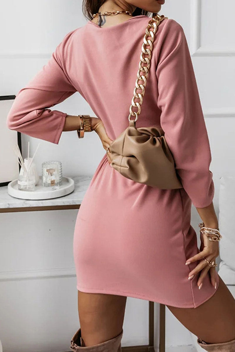 Elegant Solid Fold V Neck Pencil Skirt Dresses(4 Colors)