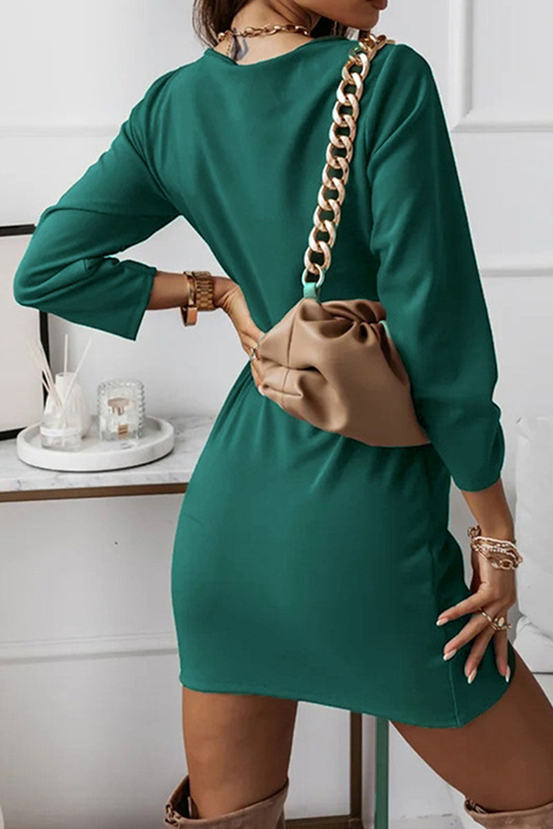 Elegant Solid Fold V Neck Pencil Skirt Dresses(4 Colors)