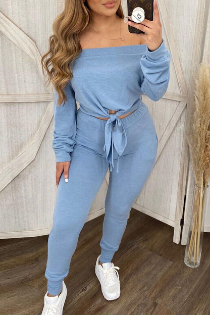 Sexy Casual Solid Bandage Backless Off the Shoulder Long Sleeve Two Pieces