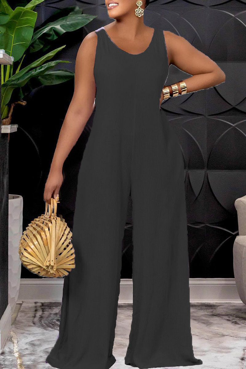 Casual Solid Frenulum Backless O Neck Straight Jumpsuits(4 Colors)