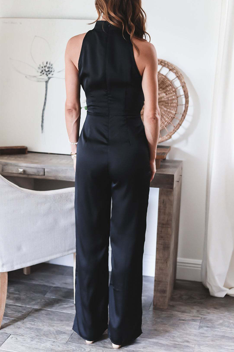 Casual Solid Bandage Halter Straight Jumpsuits