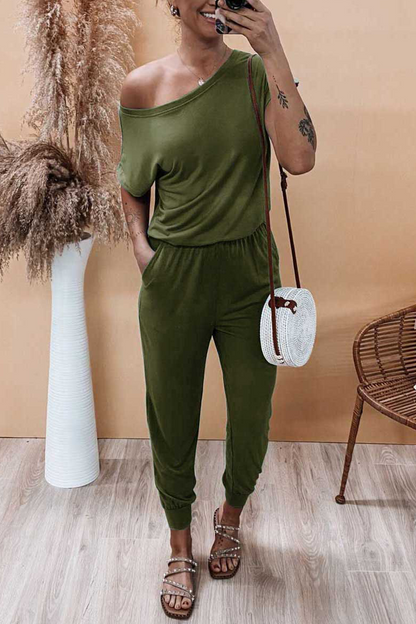Casual Solid Patchwork One Shoulder Harlan Jumpsuits(6 Colors)