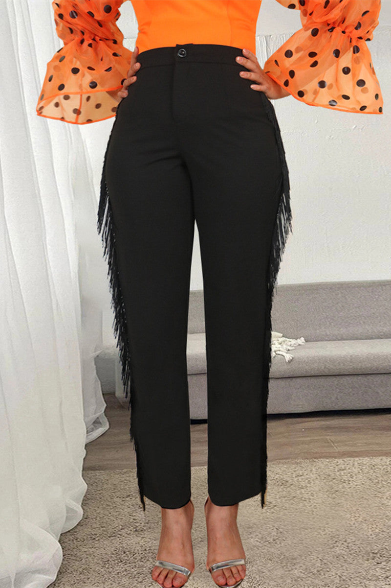 Fashion Casual Solid Tassel Patchwork Regular High Waist Trousers