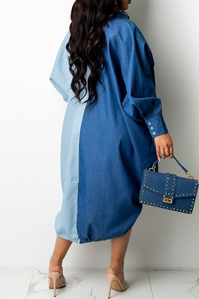 Casual Patchwork Basic Turndown Collar Long Sleeve Dresses(9 Colors)