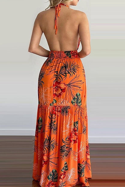 Sexy Print Backless Halter Straight Dresses(5 Colors)