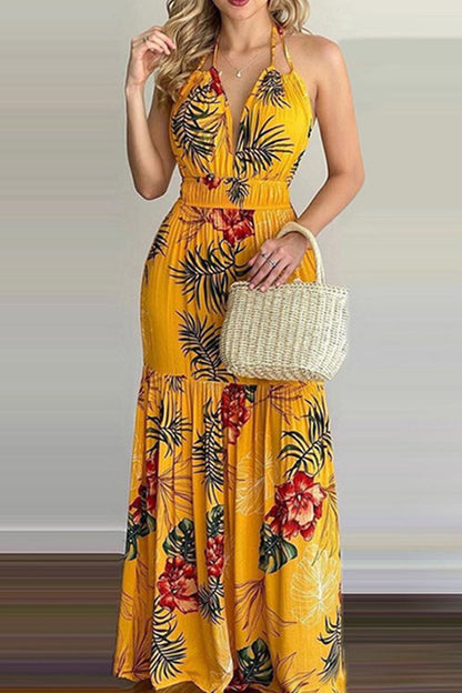 Sexy Print Backless Halter Straight Dresses(5 Colors)