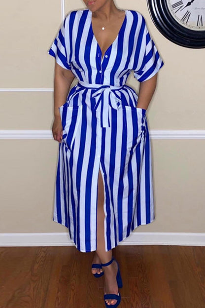 Casual Striped Print Bandage V Neck Shirt Dress Dresses(3 Colors)