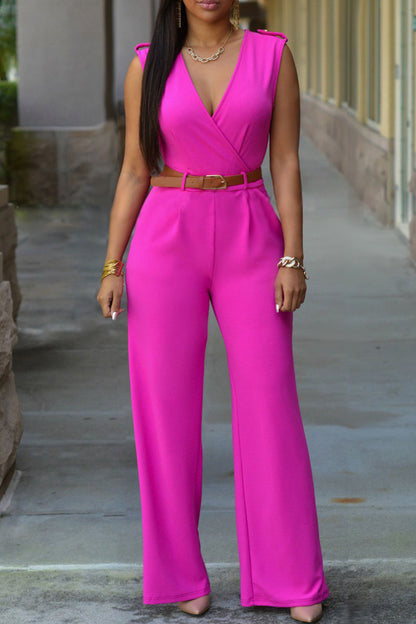 Casual Solid With Belt V Neck Straight Jumpsuits (Contain The Belt)(3 Colors)