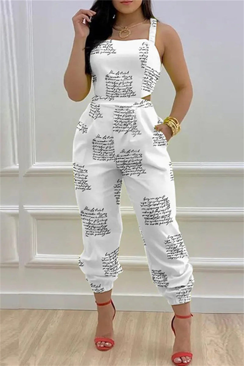 Casual Letter Print Bandage Backless Spaghetti Strap Regular Jumpsuits(6 Colors)