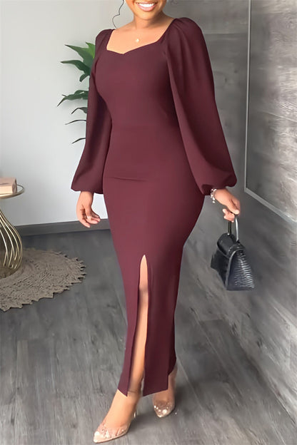 Casual Solid Slit Square Collar Long Sleeve Dresses(5 Colors)
