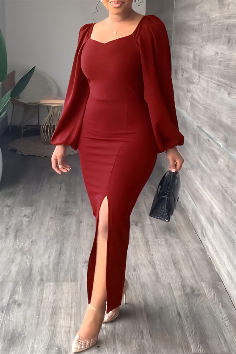 Casual Solid Slit Square Collar Long Sleeve Dresses(5 Colors)