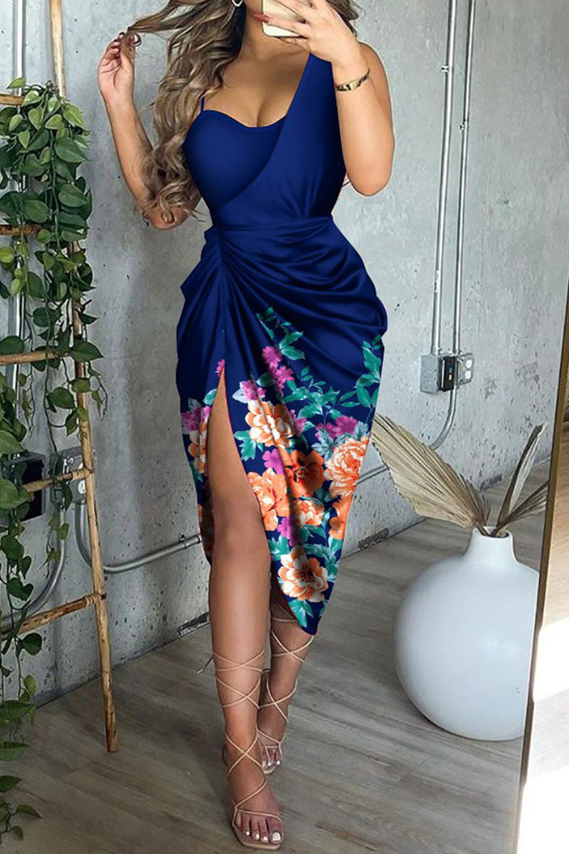 Elegant Print Sequins Fold Asymmetrical Collar Irregular Dress Dresses(7 Colors)