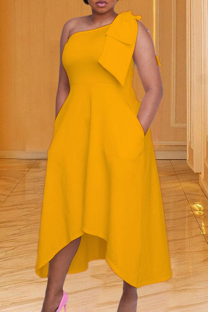 Elegant Solid Patchwork Oblique Collar Irregular Dress Dresses