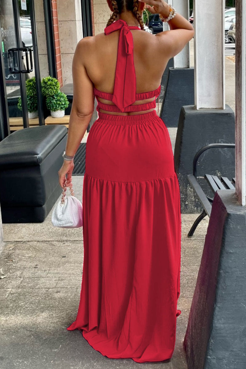 Sexy Solid Bandage Patchwork Backless Halter Straight Dresses(4 Colors)