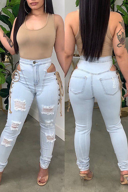 Fashion Casual Solid Ripped Bandage Hollowed Out High Waist Skinny Denim Jeans