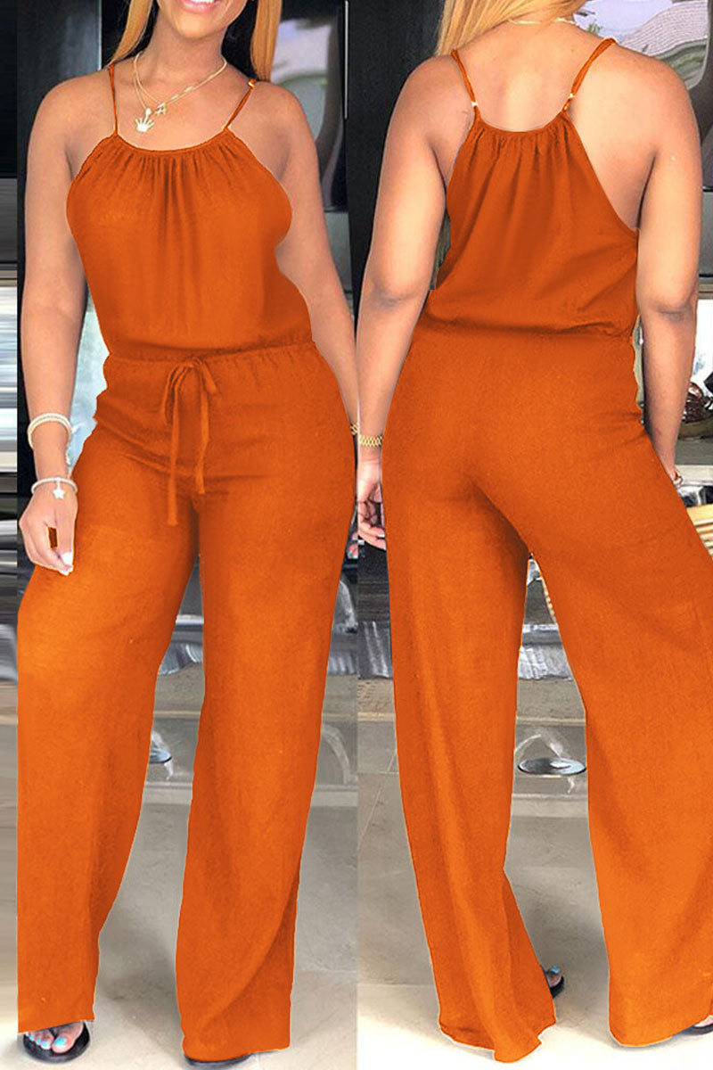 Casual Solid Patchwork Spaghetti Strap Straight Jumpsuits(4 Colors)