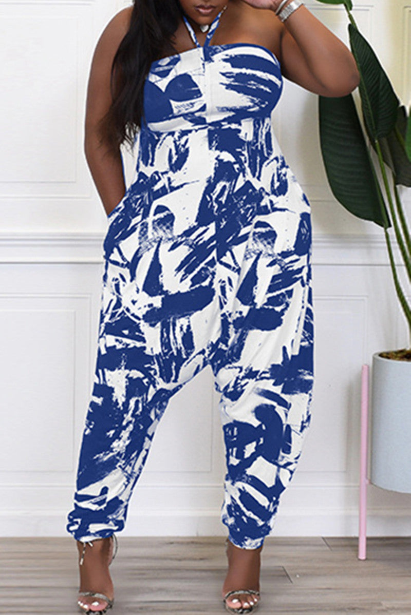 Sexy Casual Print Bandage Backless Strapless Regular Jumpsuits