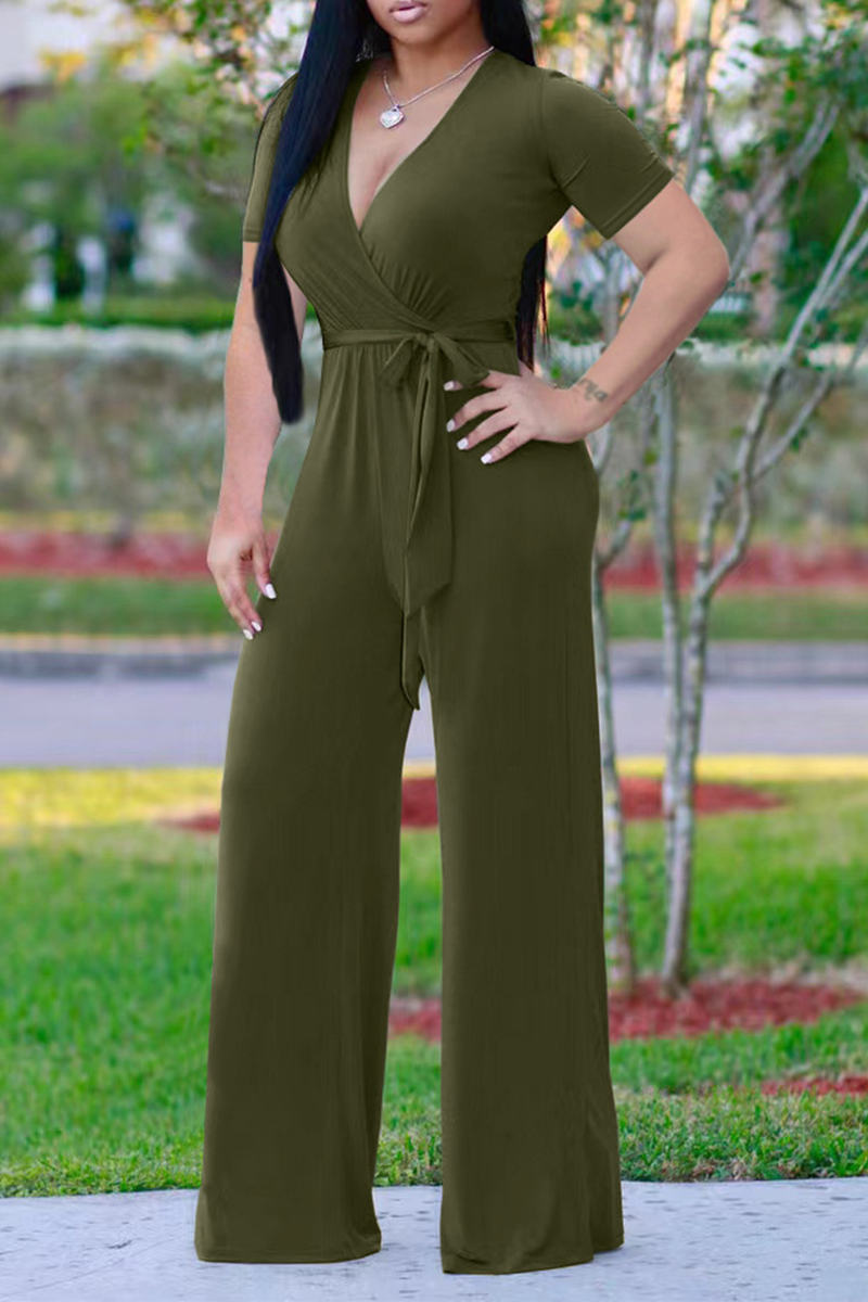 Fashion Solid Patchwork V Neck Straight Jumpsuits(4 Colors)