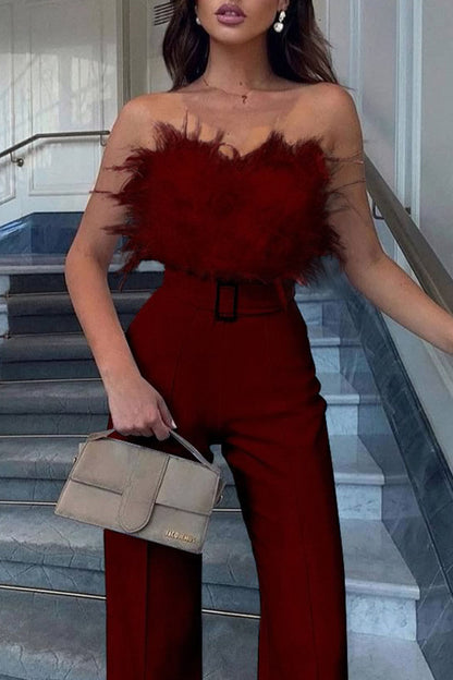Sexy Solid Patchwork Feathers With Belt Strapless Straight Jumpsuits(Contain The Belt)(5 Colors)