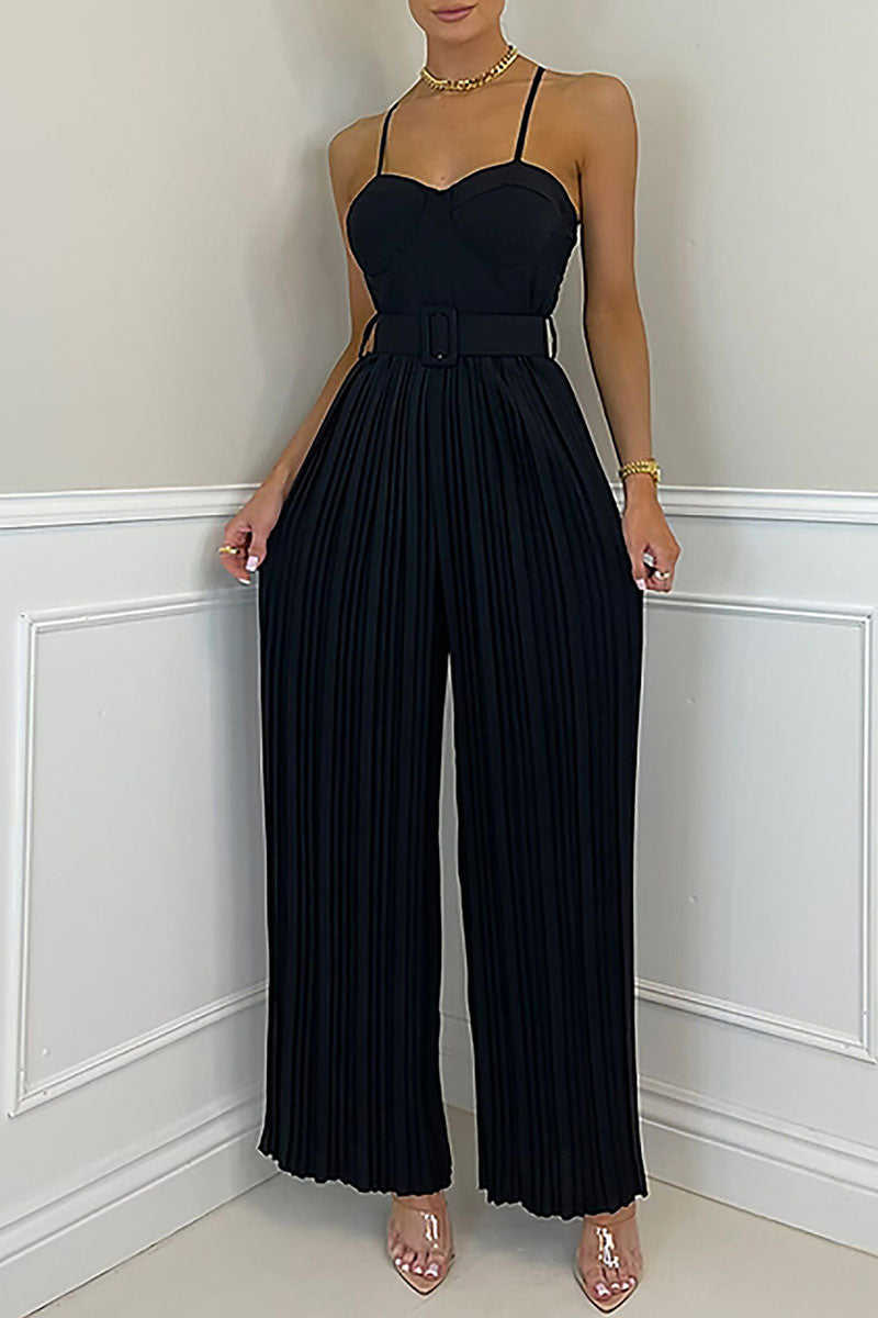 Sexy Solid Patchwork Fold Spaghetti Strap Straight Jumpsuits(6 Colors)