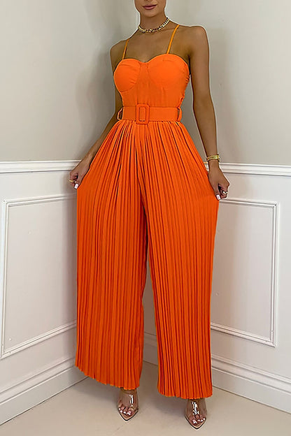 Sexy Solid Patchwork Fold Spaghetti Strap Straight Jumpsuits(6 Colors)