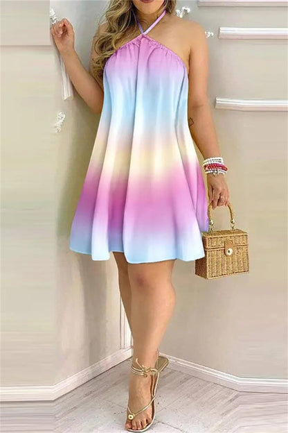 Casual Print Bandage Backless Halter Sleeveless Dress Dresses(7 Colors)