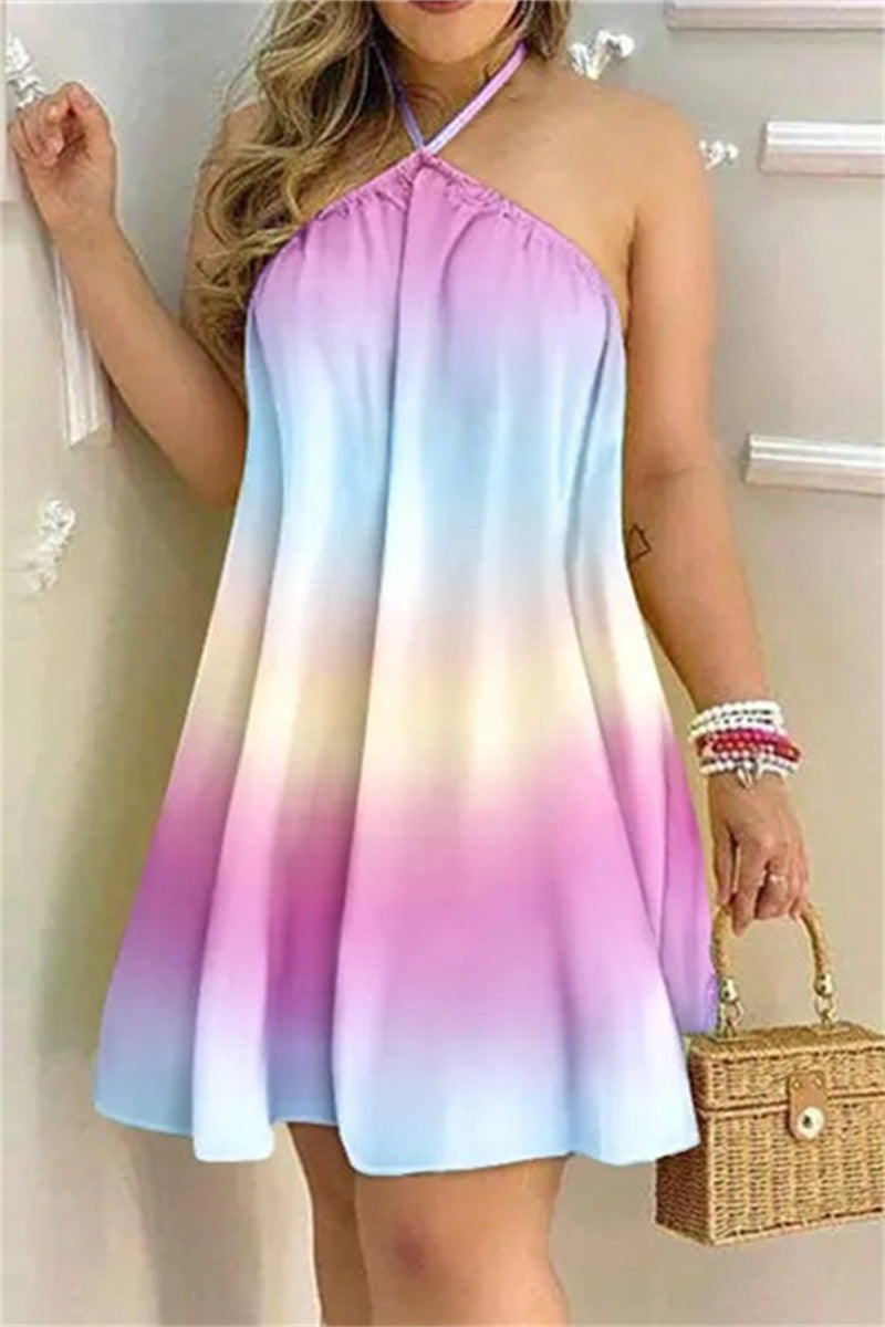 Casual Print Bandage Backless Halter Sleeveless Dress Dresses(7 Colors)