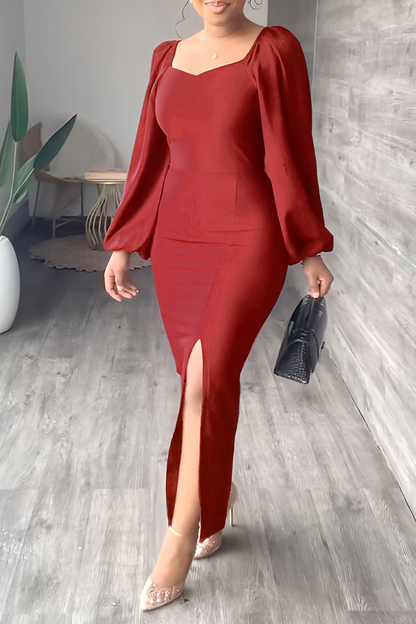 Fashion Solid High Opening Square Collar Pencil Skirt Dresses(5 Colors)