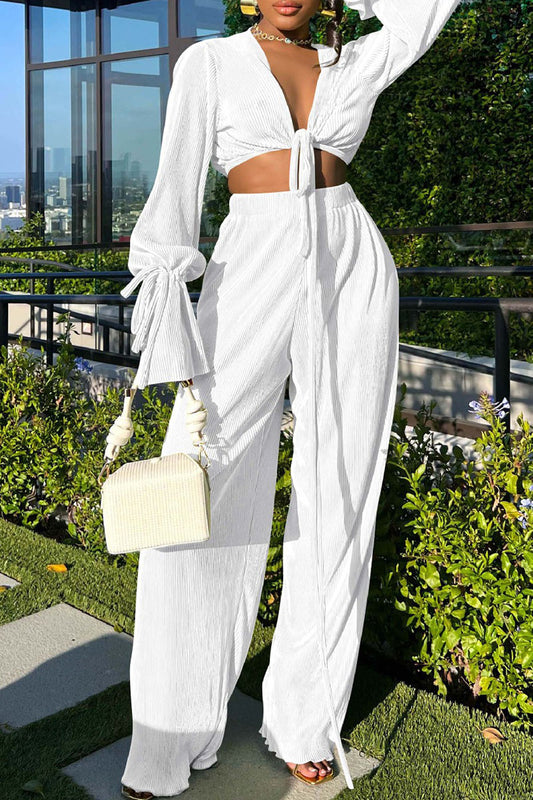 Sexy Solid Bandage Patchwork V Neck Long Sleeve Two Pieces(7 Colors)