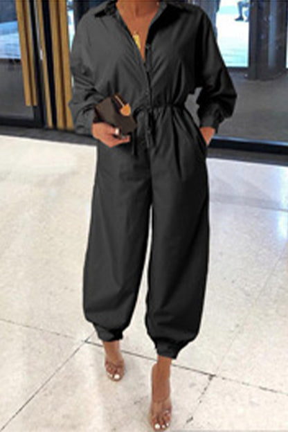 Casual College Solid With Belt Printing Turndown Collar Loose Jumpsuits(5 Colors)
