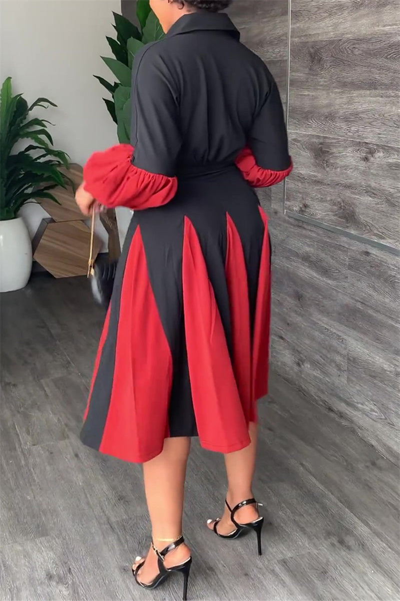 Casual Patchwork Contrast Turndown Collar Long Sleeve Dresses