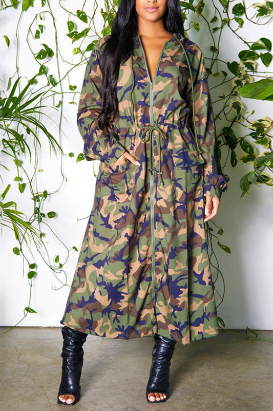 Casual Print Camo Zip Pocket Hooded Outerwear