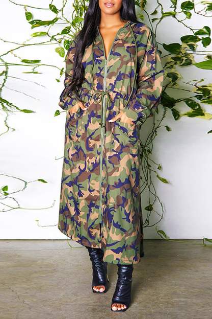 Casual Print Camo Zip Pocket Hooded Outerwear