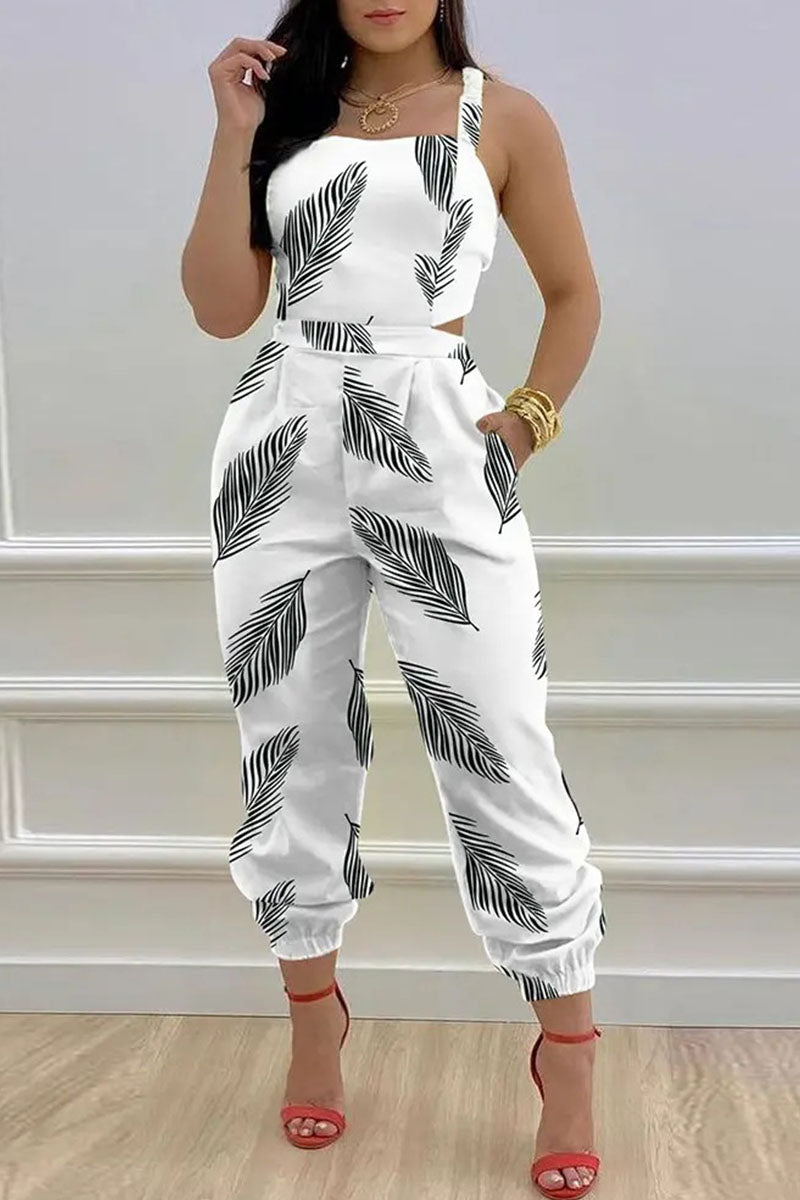Casual Letter Print Bandage Backless Spaghetti Strap Regular Jumpsuits(6 Colors)