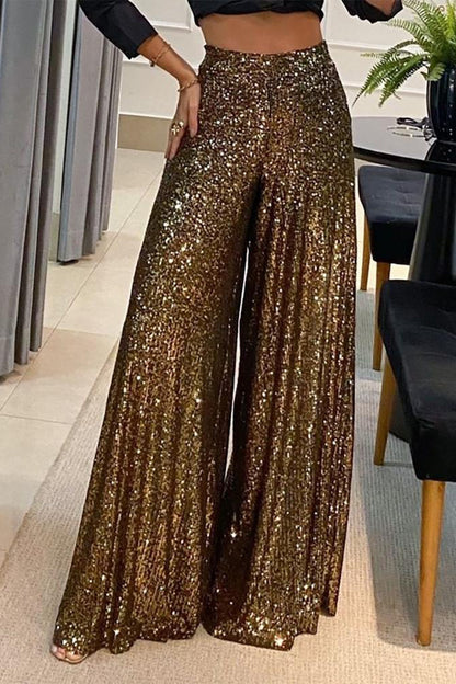 Casual Solid Sequins Patchwork Without Belt Loose Mid Waist Wide Leg Solid Color Bottoms