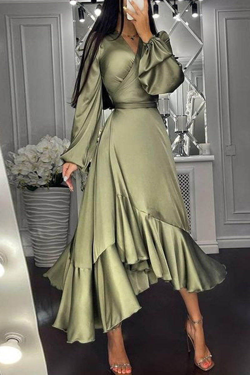 Vintage Elegant Solid Flounce Solid Color Irregular Dress Dresses
