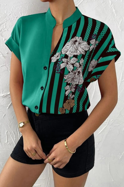 Casual Print Patchwork V Neck Blouses(7 Colors)