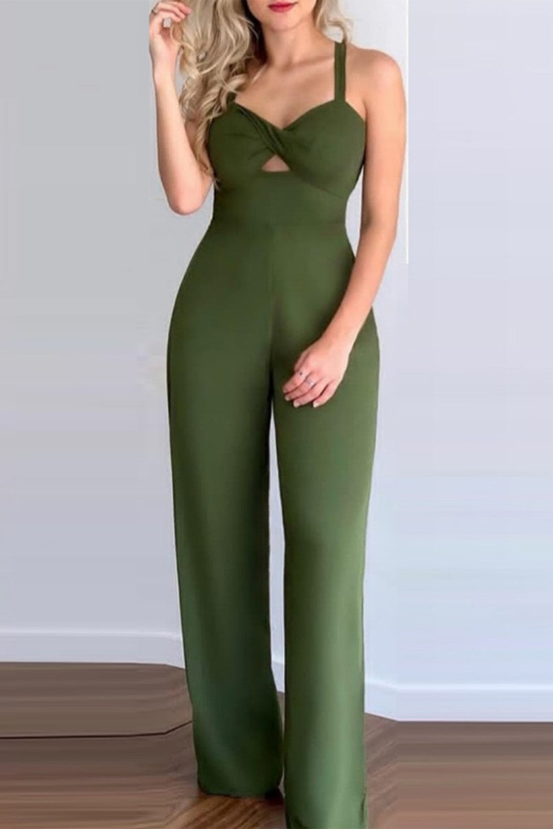 Sexy Casual Solid Bandage Backless Spaghetti Strap Regular Jumpsuits