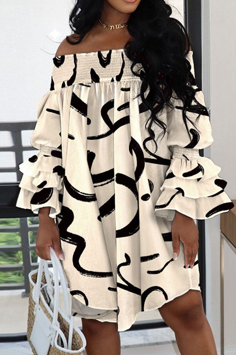 Casual Street Print Patchwork Fold Asymmetrical Off the Shoulder Irregular Dress Dresses