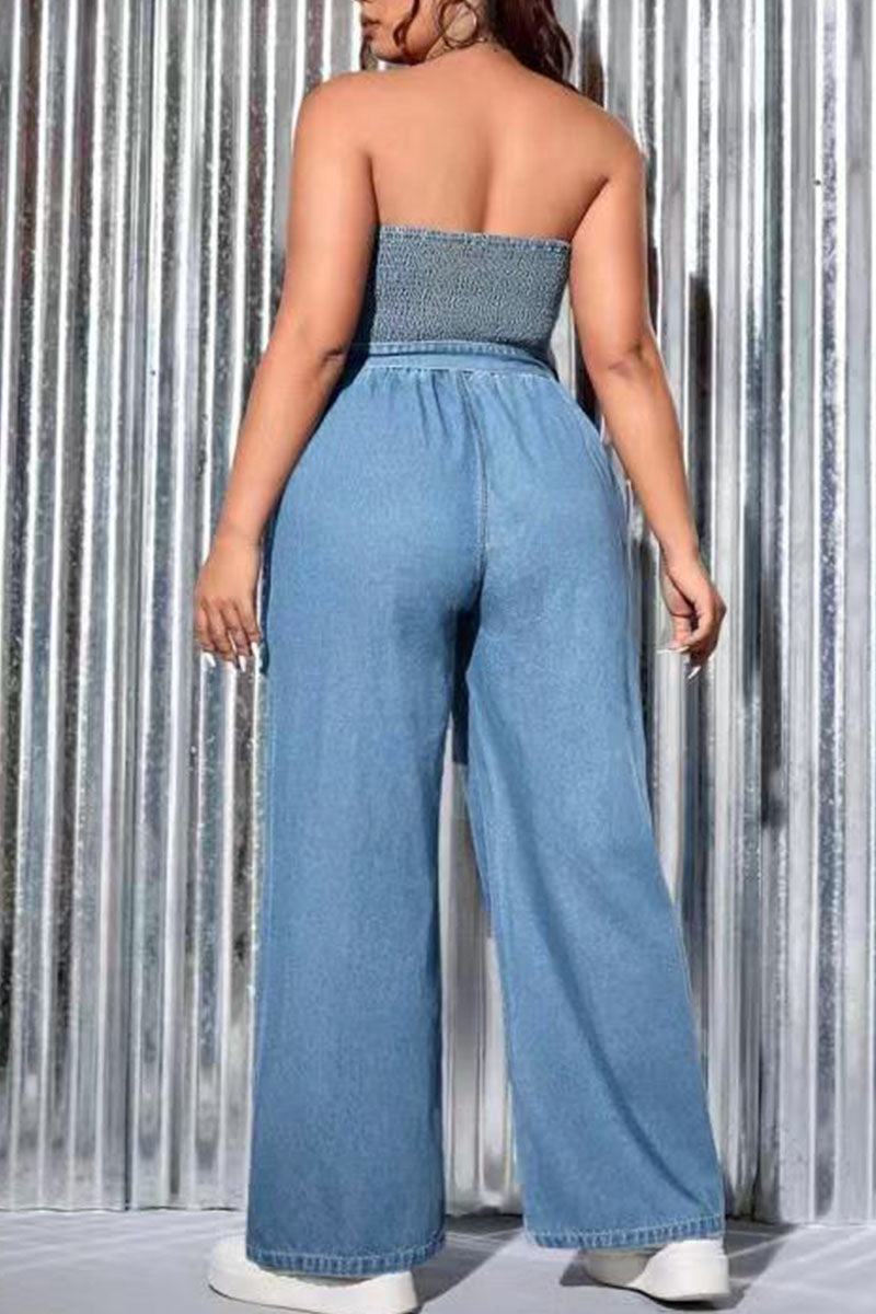 Casual Solid Patchwork Fold Halter Straight Jumpsuits