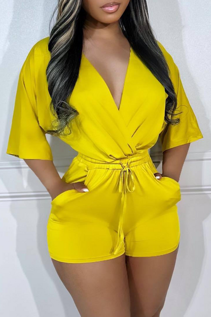 Sexy Solid Draw String V Neck Straight Rompers