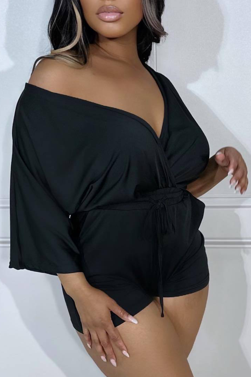 Sexy Solid Draw String V Neck Straight Rompers