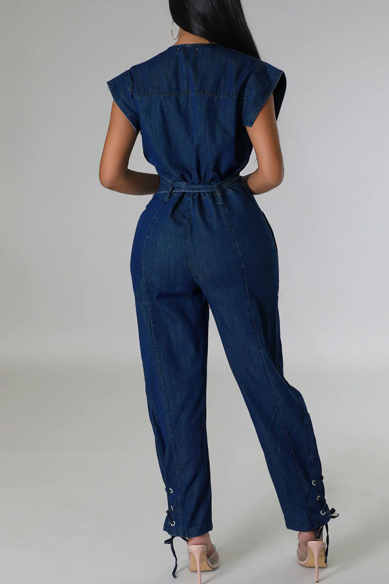 Street Solid Bandage Patchwork Buckle With Belt O Neck Sleeveless Straight Denim Jumpsuits